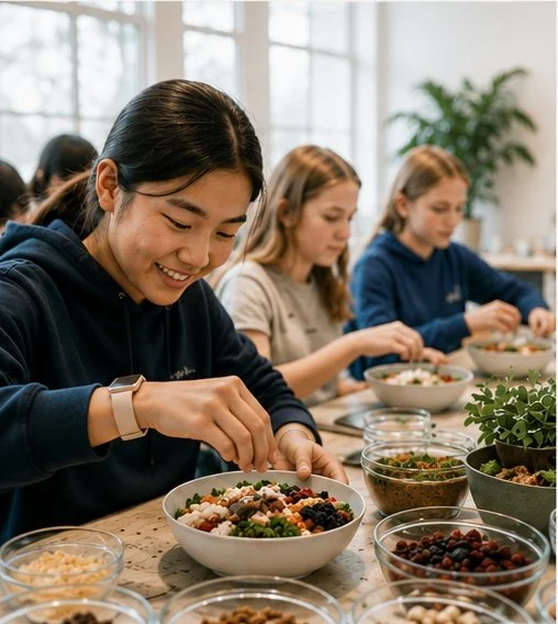 A student adding toppings to her own bowl at a hands-on wellbeing workshop, with other students building their bowls alongside her