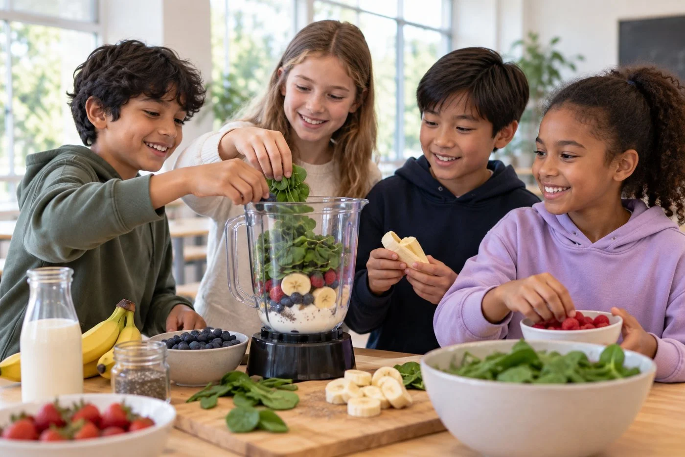 Four children preparing a smoothie together in a bright classroom: a boy and a girl adding spinach to a blender full of banana, berries and yogurt, a boy holding banana halves, and a girl reaching into a bowl of raspberries, surrounded by bowls of strawberries and blueberries, sliced banana, a jar of chia seeds and a bottle of milk.