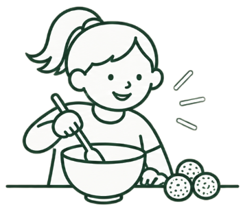 A young student mixing food in a bowl.