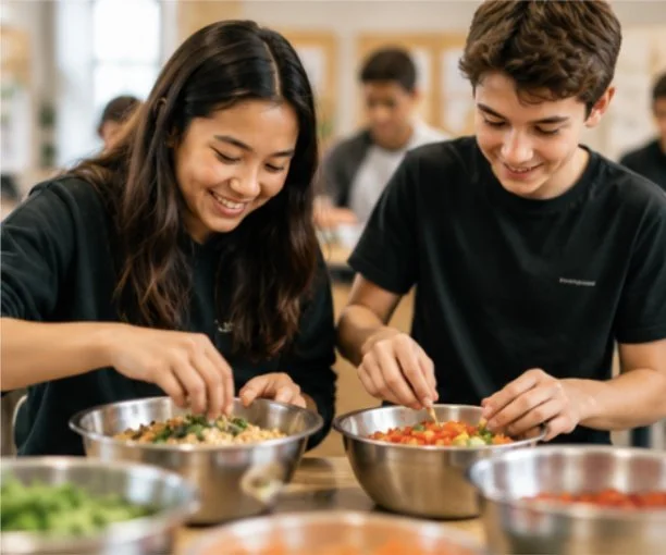 Two older students leaning over bowls of colourful chopped vegetables, working together on a hands-on food preparation activity