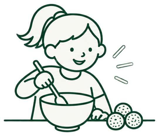 Illustration of a young girl mixing Energy Bites in a bowl, representing Fuel for Fun for K–7 students