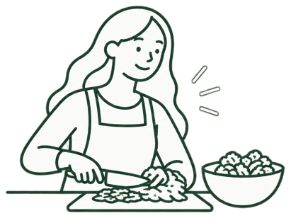 An older student preparing food on a cutting board.