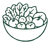 Hand-drawn illustration of a bowl of fresh fruits and vegetables, representing fuelling their bodies.