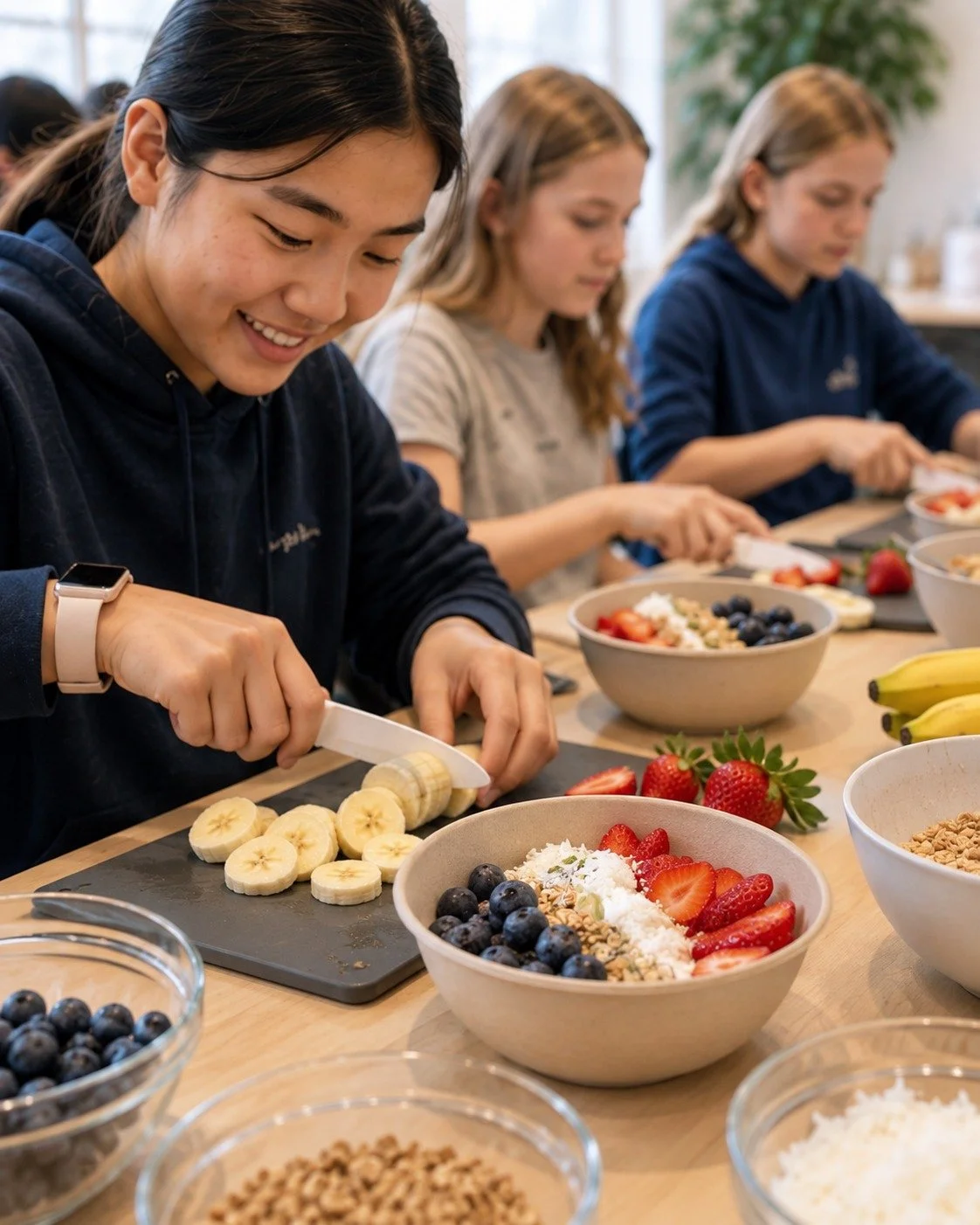 A student slicing banana with a white plastic knife while building her own Power Bowl with strawberries, blueberries and granola, with other students preparing their bowls in the background