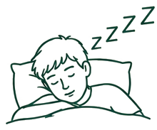 Hand-drawn illustration of a student sleeping peacefully on a pillow, with ZZZZ marks above showing restful sleep.
