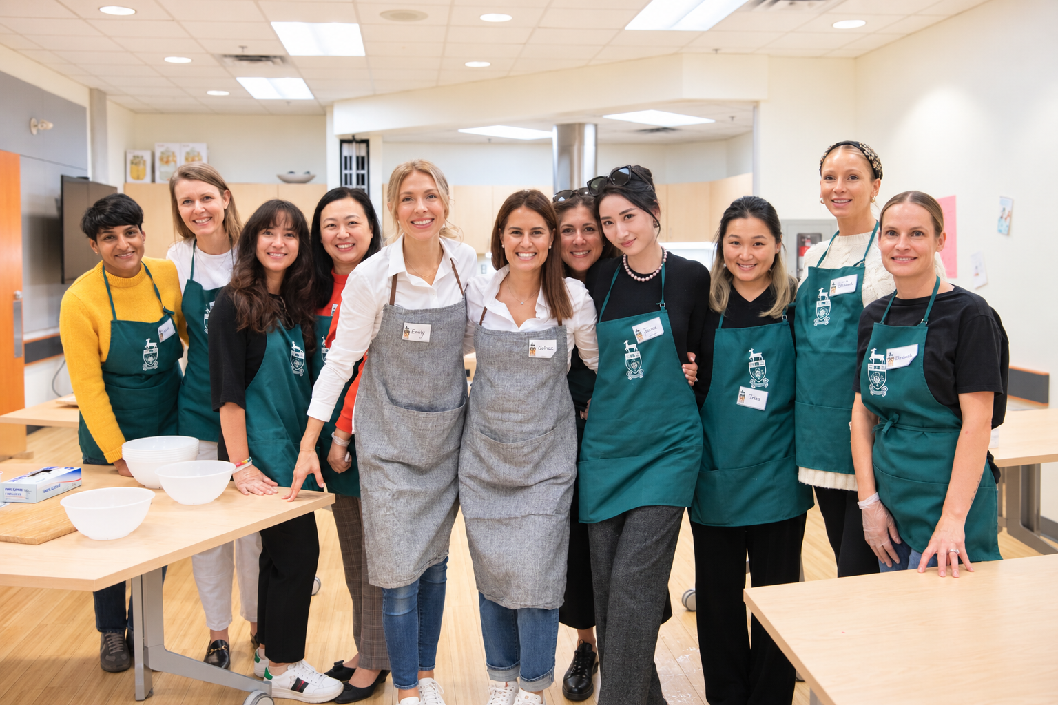 Emily, Golnaz and the nourishED workshop community gathered together, smiling, in aprons in the workshop kitchen.