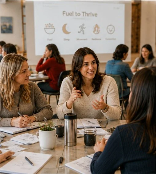 An educator leading a discussion with colleagues at a Thrive professional learning workshop, with a presentation screen visible behind them