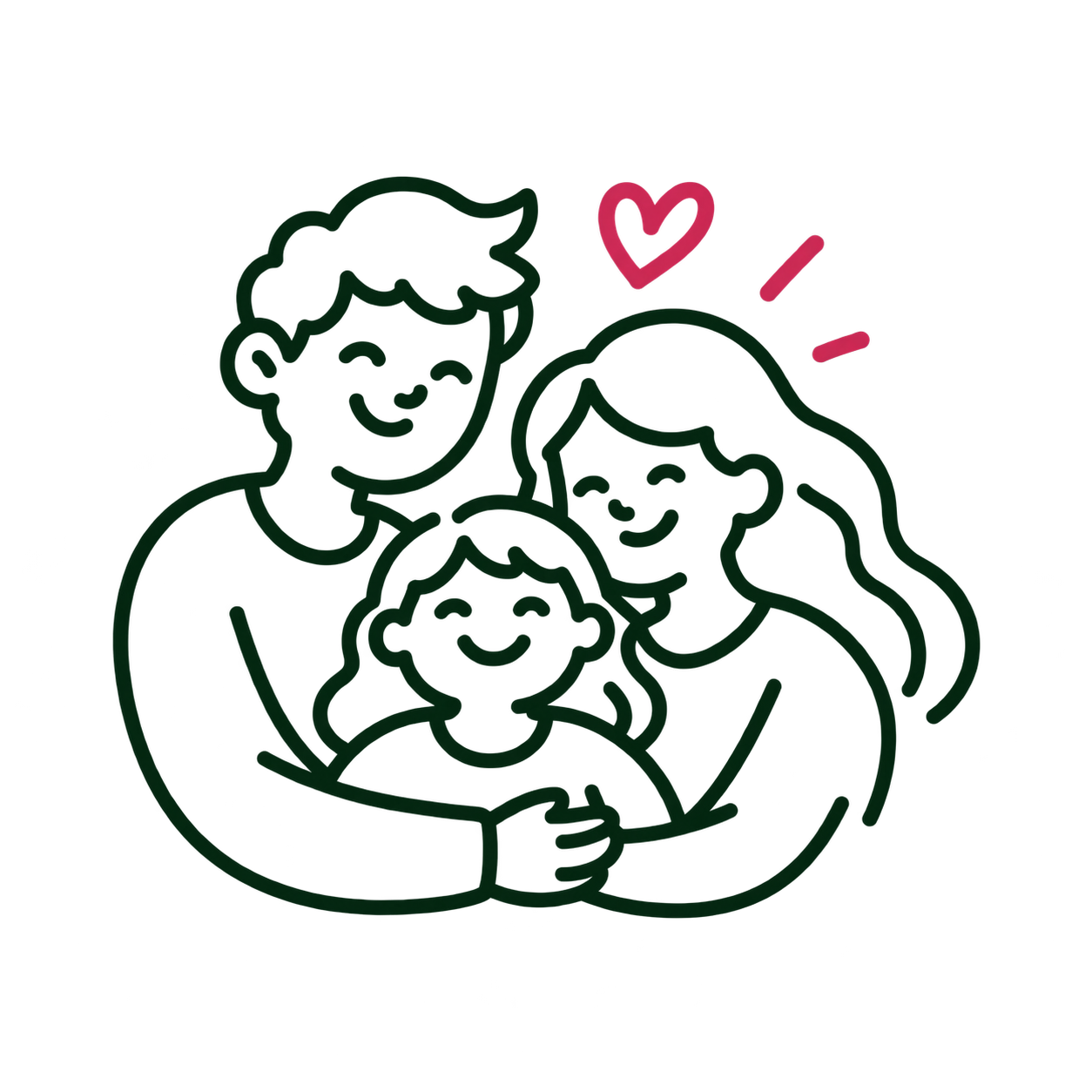 Illustration of two parents embracing a child between them, with a small heart above
