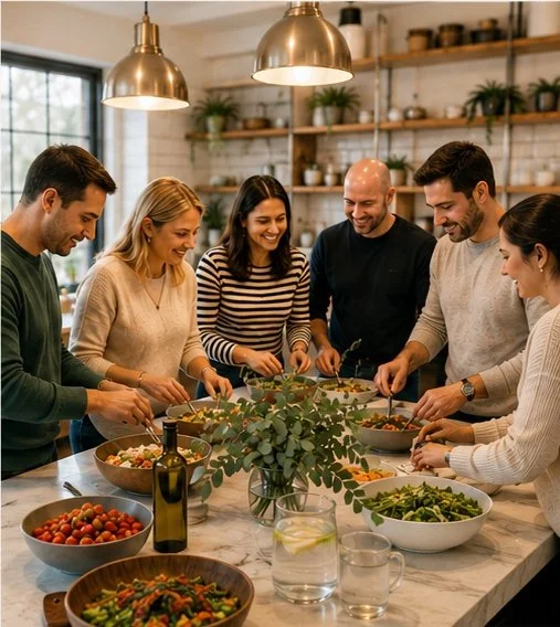 A mixed group of parents preparing food together in a communal kitchen