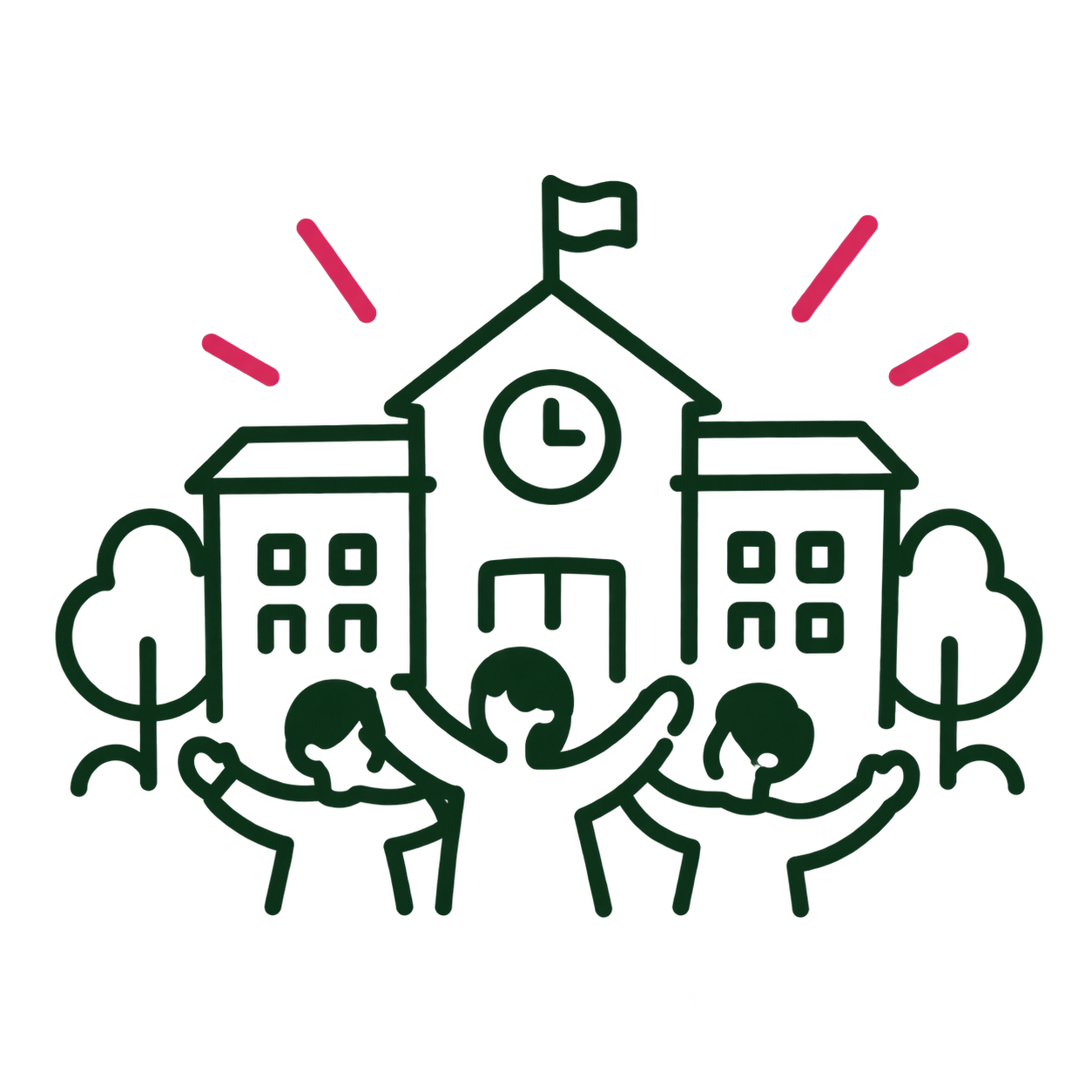 Illustration of a school building with a flag and clock tower, students celebrating in front, trees on either side