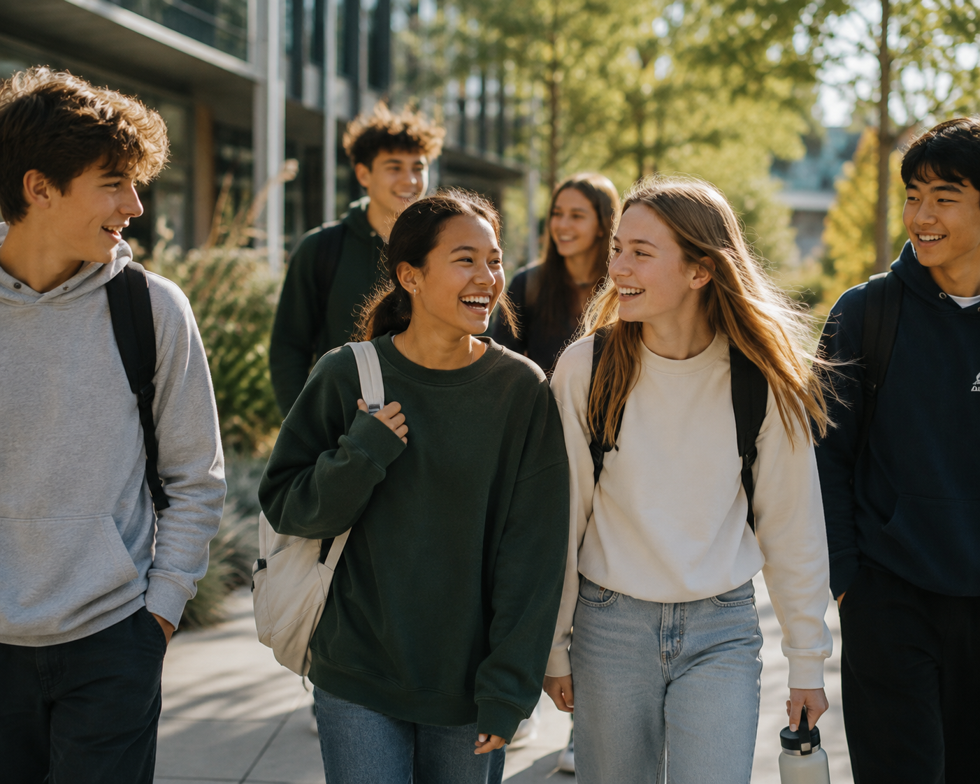 A group of diverse students walking and laughing together outdoors on a sunlit school campus, two students in the center sharing a joyful moment