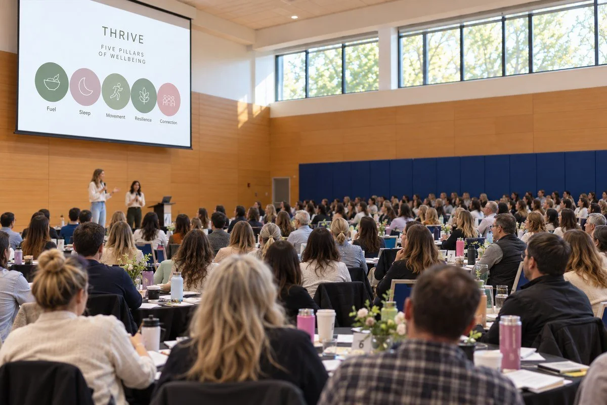 A packed conference room of educators watching two presenters on stage beside a large screen displaying the Thrive Five Pillars of Wellbeing.