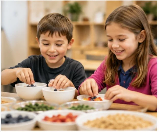 A young boy and girl adding fresh blueberries to their bowls at a table, with bowls of peas, strawberries and granola in the foreground