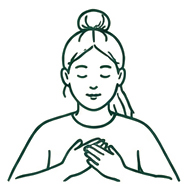 Hand-drawn illustration of a student sitting calmly with hands together, practising breathing to manage stress.