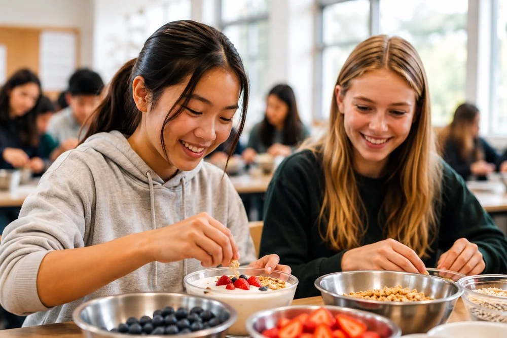 Two teenage girls building a Power Bowl together, adding fresh berries, granola and yogurt at a table in a school cafeteria