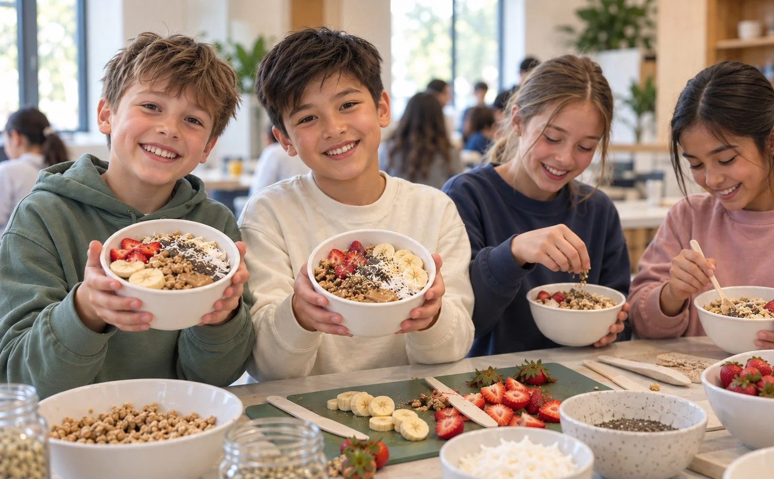 Two students proudly hold up their finished nourishED bowls, smiling at the camera, while two more students prepare their own bowls beside them at a table with fresh strawberries, banana and prep tools.