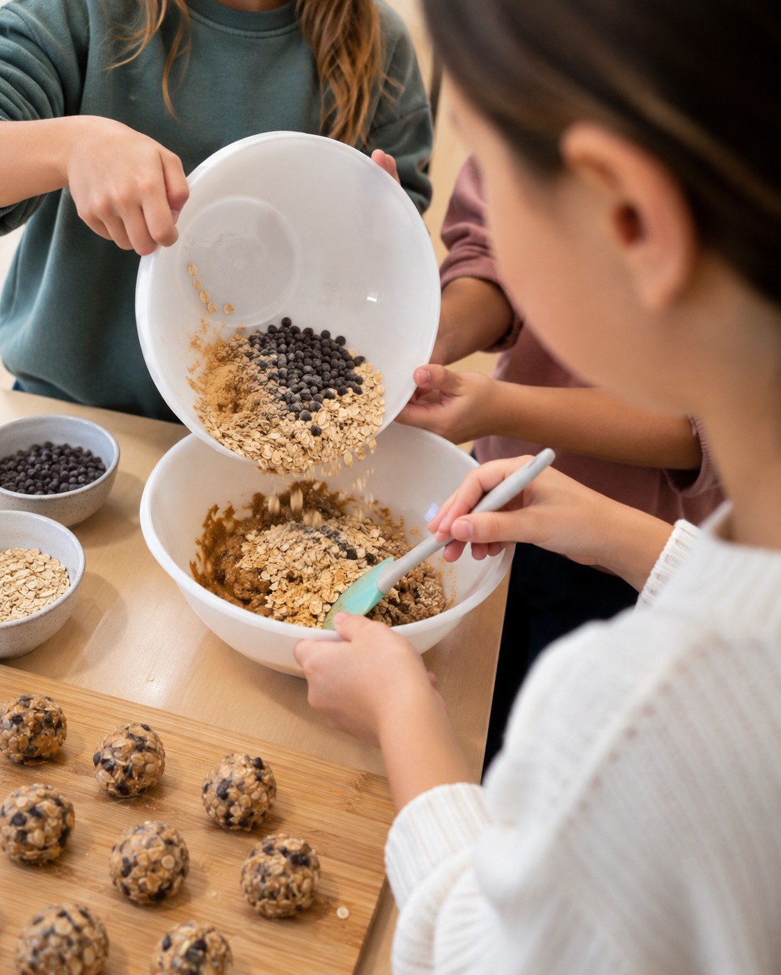 Students pouring oats and chocolate chips into a mixing bowl to make Energy Bites, with finished Energy Bites lined up on a wooden board in the foreground
