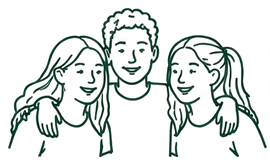 Hand-drawn illustration of three students smiling together with arms around each other, caring for their mental wellbeing.