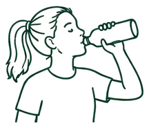 Hand-drawn illustration of a student drinking water from a bottle, building a healthy habit.