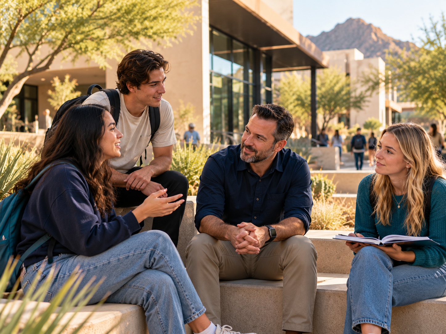 Illustrative students talking with a mentor on an Arizona-style university campus