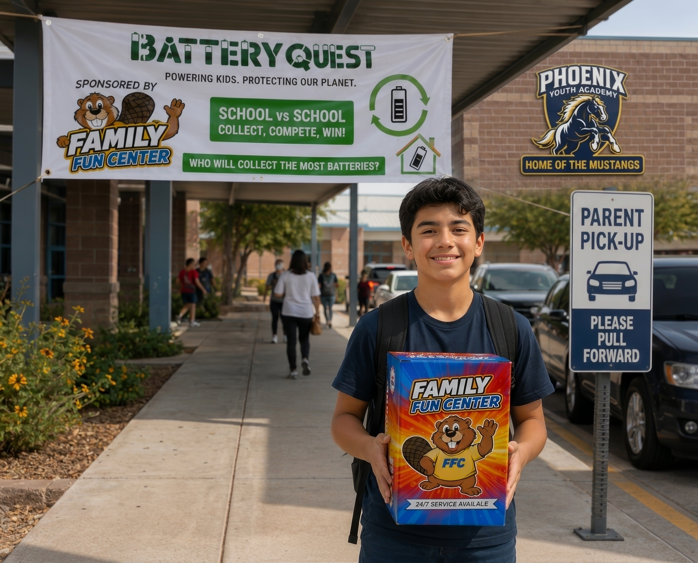 Student holding a branded ResQ Battery Quest collection box