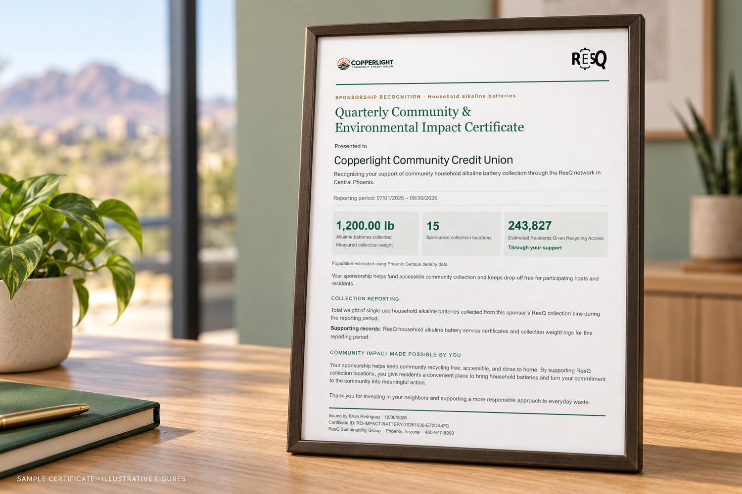 Sample Copperlight sponsor impact certificate framed on an office desk, showing quarterly battery collection and community access metrics.