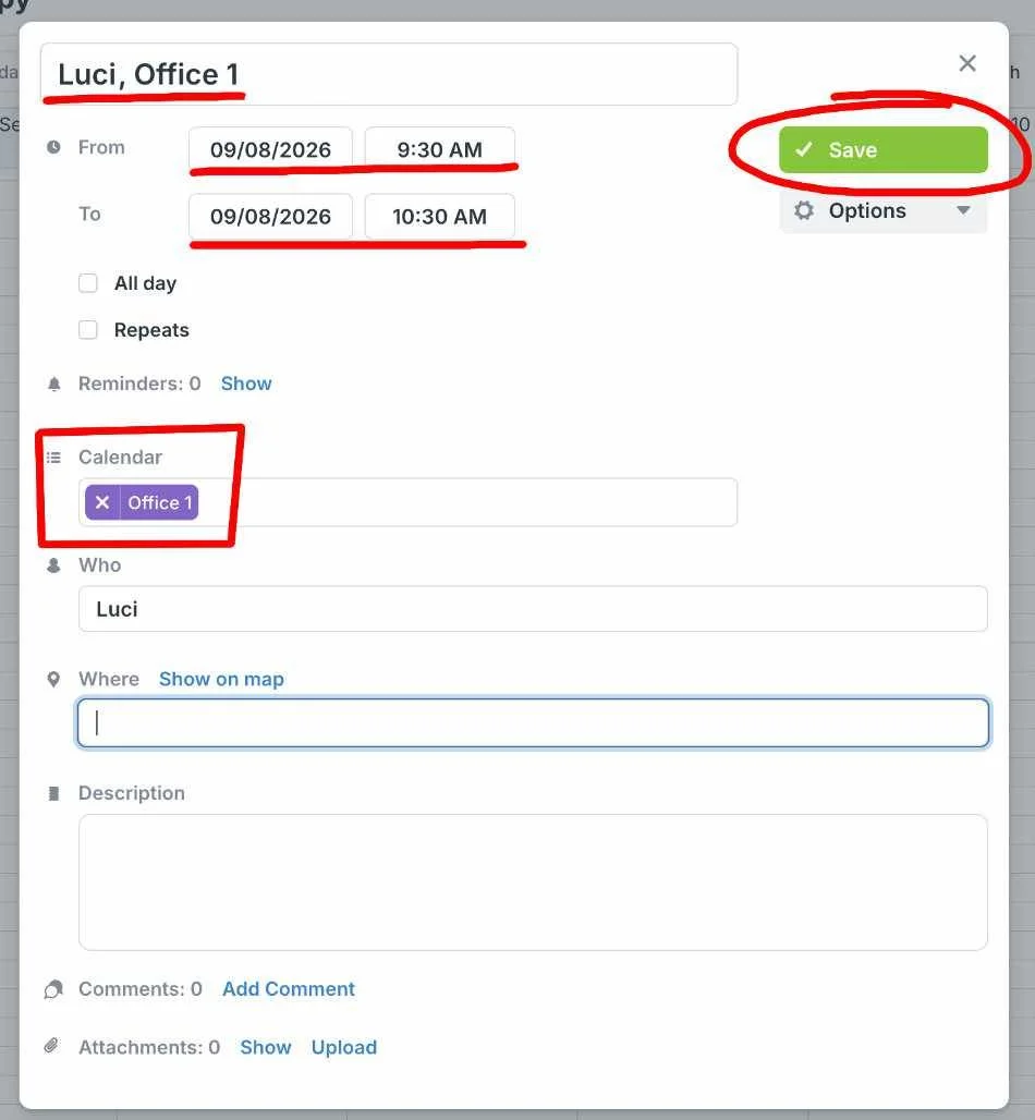 Naming the event with therapist name and office number