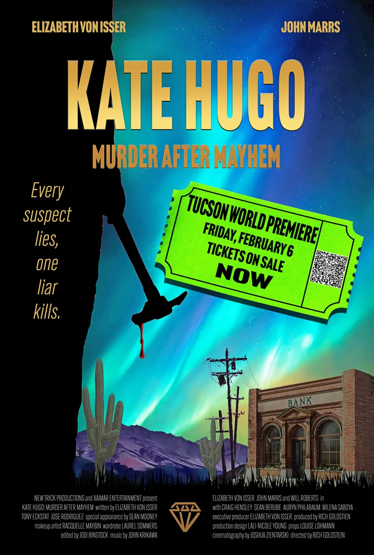 Kate Hugo Murder After Mayhem poster with premiere ticket link