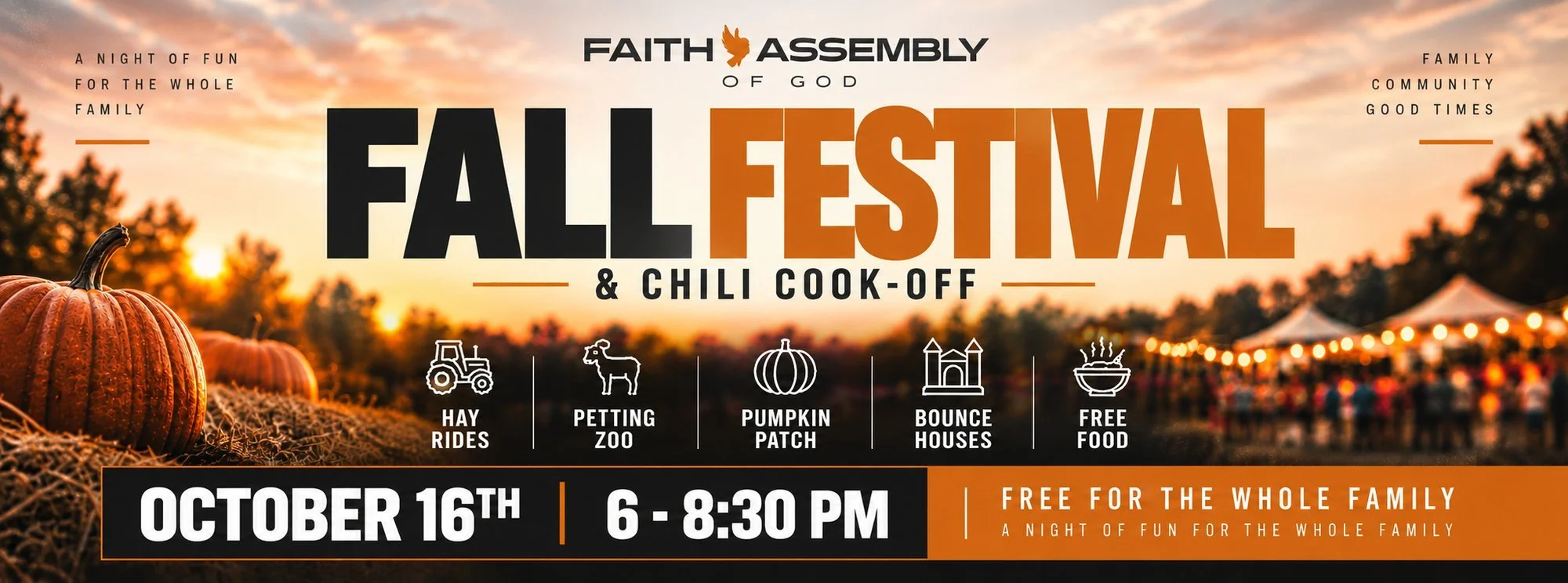 Fall Festival and Chili Cook-Off, October 16, 6 to 8:30 PM. Hay rides, petting zoo, pumpkin patch, bounce houses, and free food. Free for the whole family.
