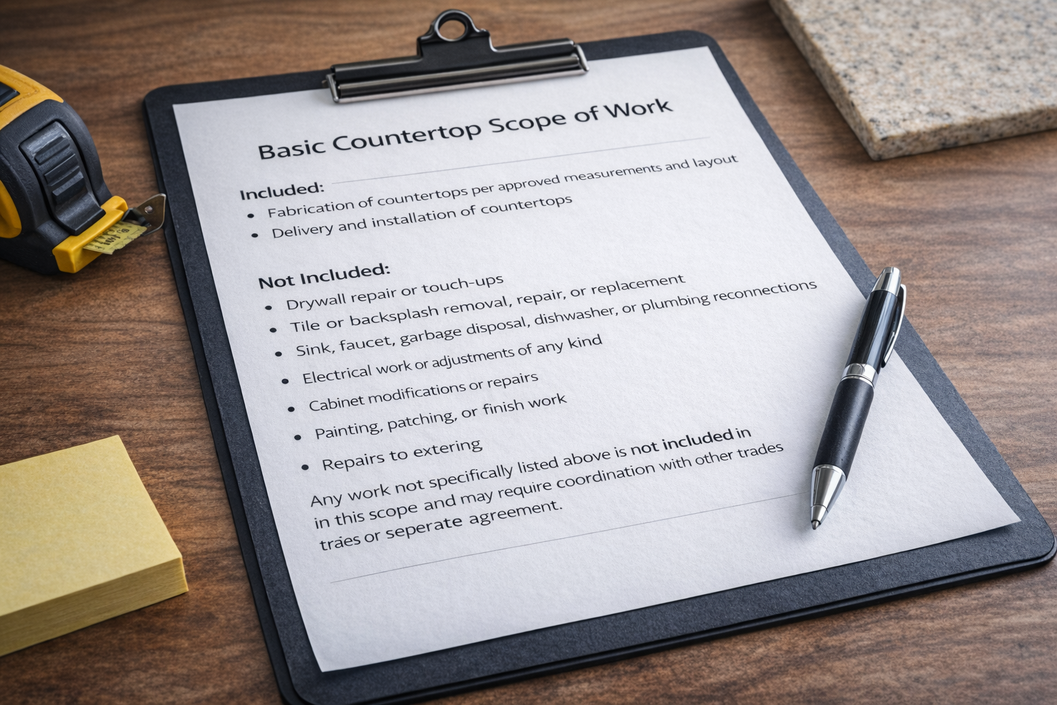 Typical countertop scope of work showing what's not included