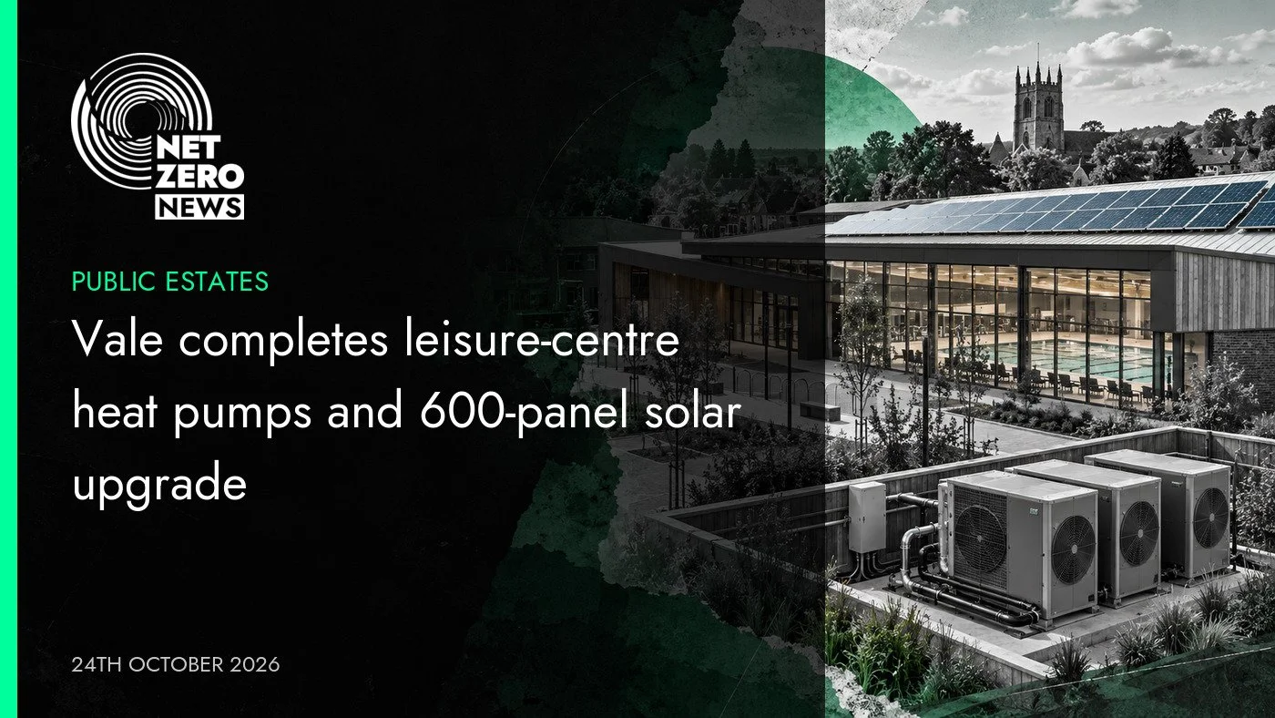 Vale completes leisure-centre heat pumps and 600-panel solar upgrade. Editorial illustration of a leisure centre with rooftop solar panels and heat-pump equipment.