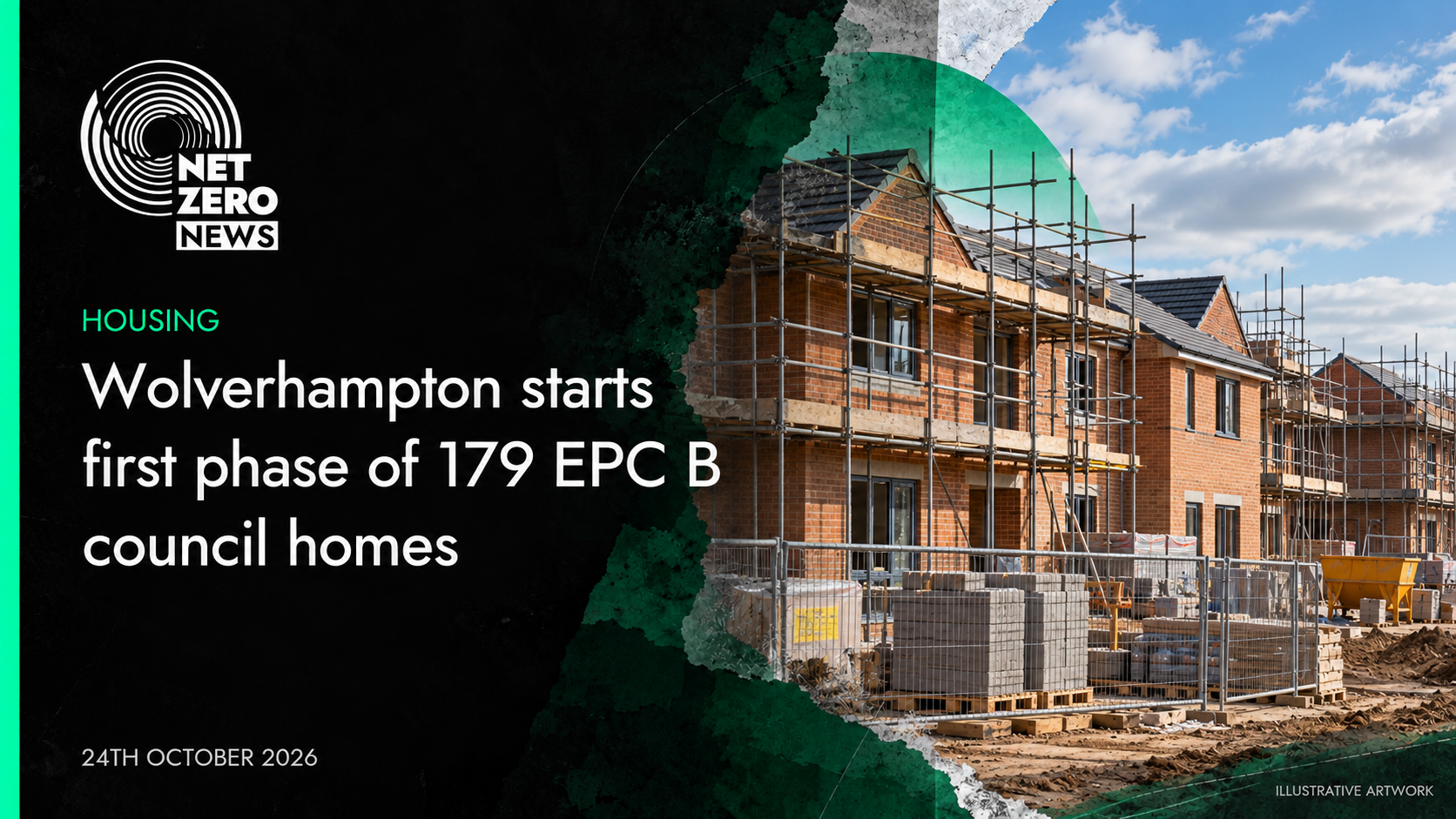Wolverhampton starts first phase of 179 EPC B council homes. Illustrative construction scene.
