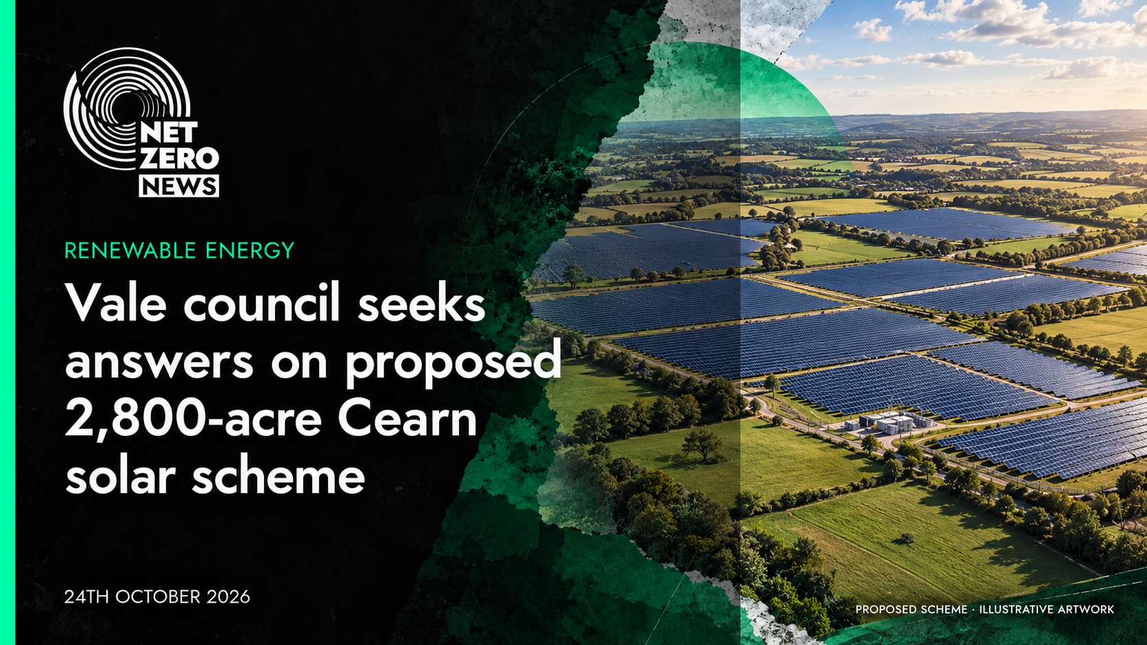 Vale council seeks answers on proposed 2,800-acre Cearn solar scheme. Illustrative solar-farm landscape, proposed scheme.