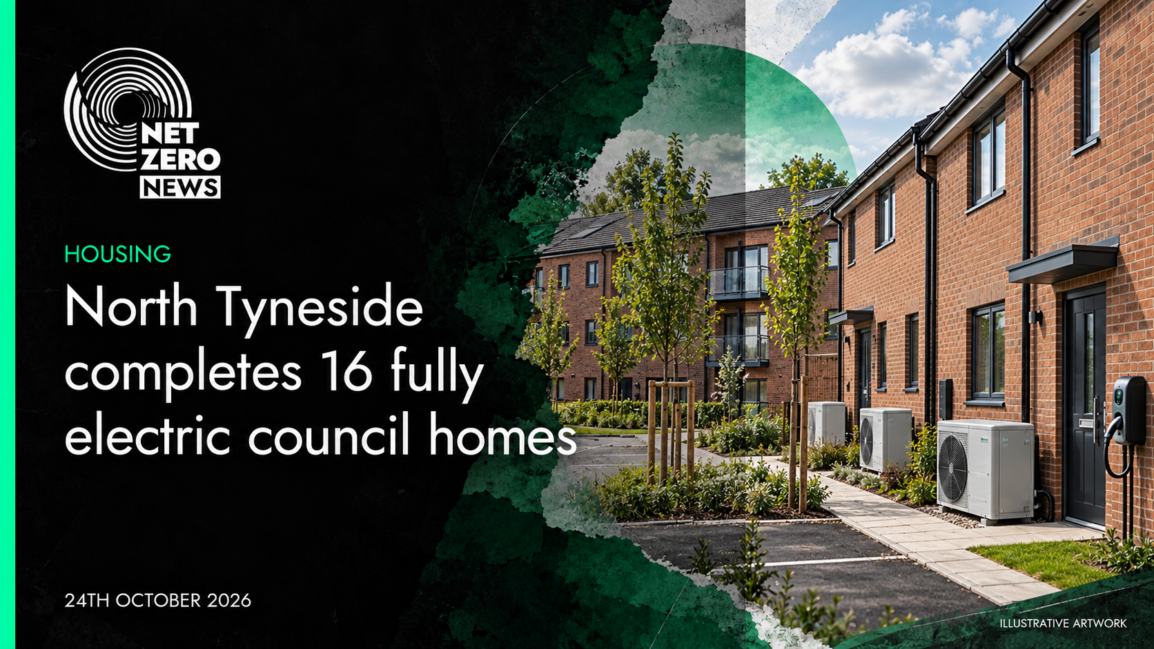 North Tyneside completes 16 fully electric council homes. Illustrative council homes with electric heating.