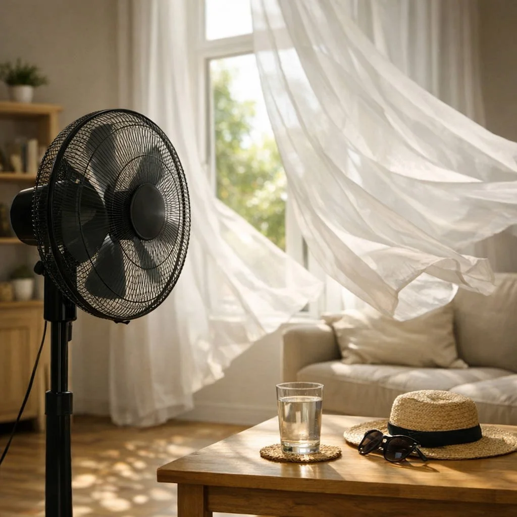 Ventilador moviendo cortinas en un salón durante un día caluroso