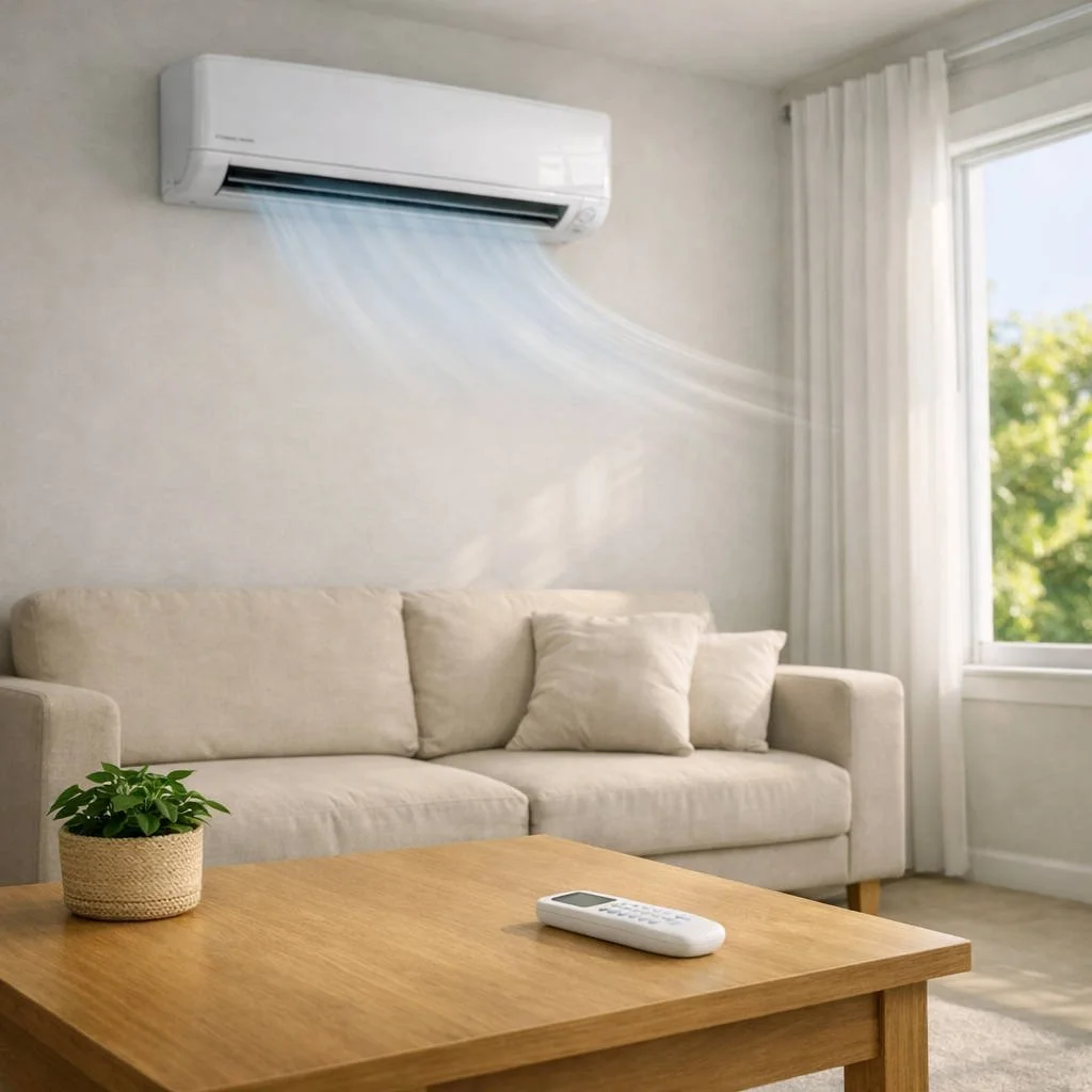 Aire acondicionado funcionando encima de un sofá en un salón luminoso y acogedor