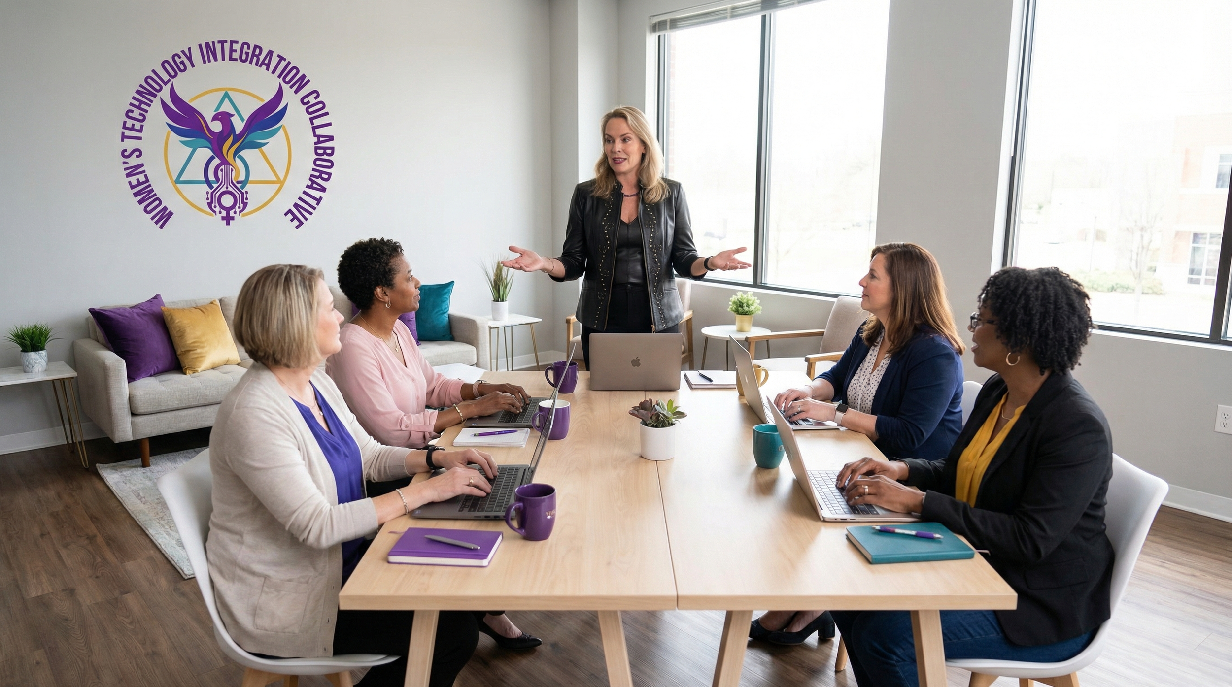 Women gathered in a bright meeting room, collaborating in the Women's Technology Integration Collaborative.