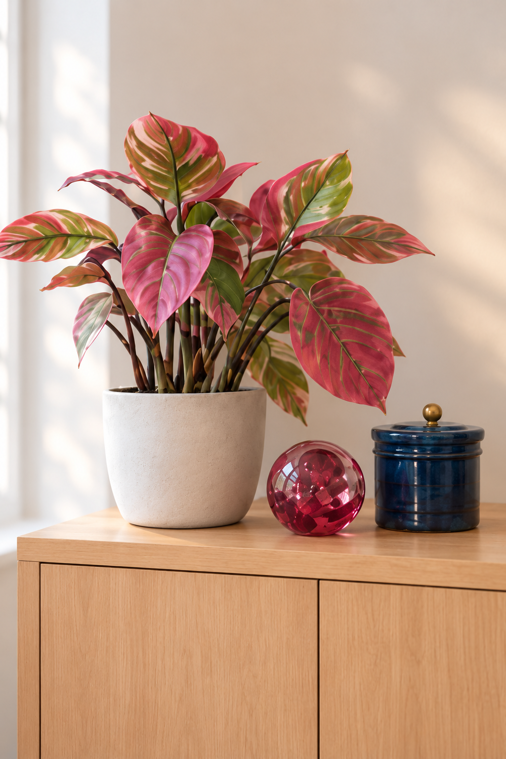 Warm therapy office with a grey armchair, plants, and soft lamp light