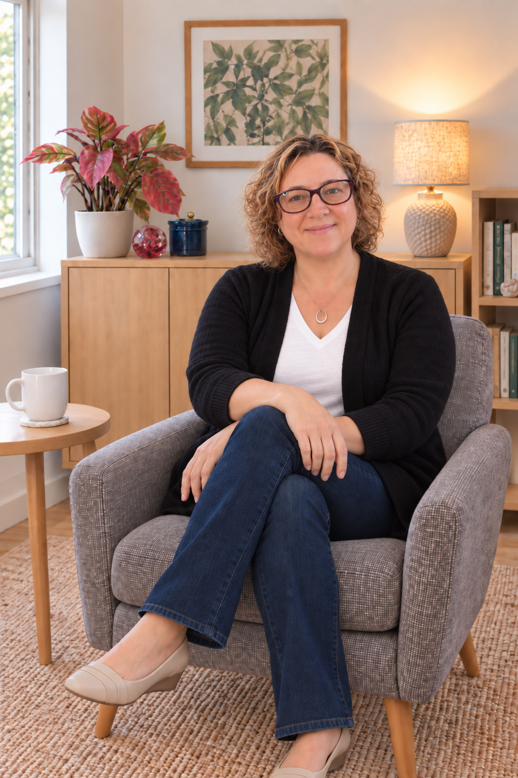 Stephanie Green, registered psychologist, seated in a warm therapy office