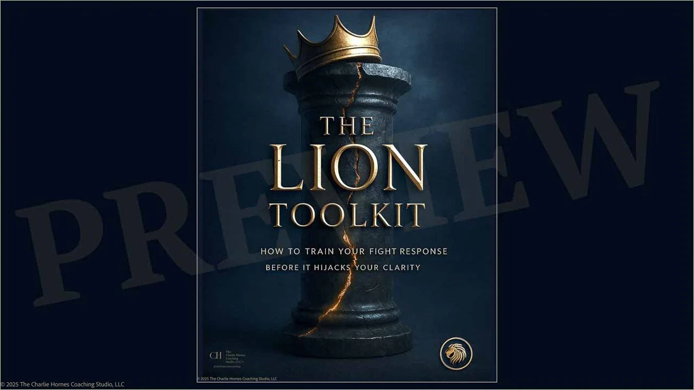 Lion Survival Guide cover — cinematic lion portrait with storm background and gold typography
