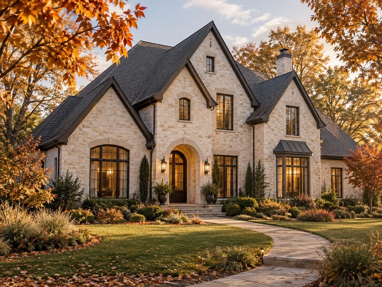 AI-generated pale stone home with dramatic gables and copper autumn leaves
