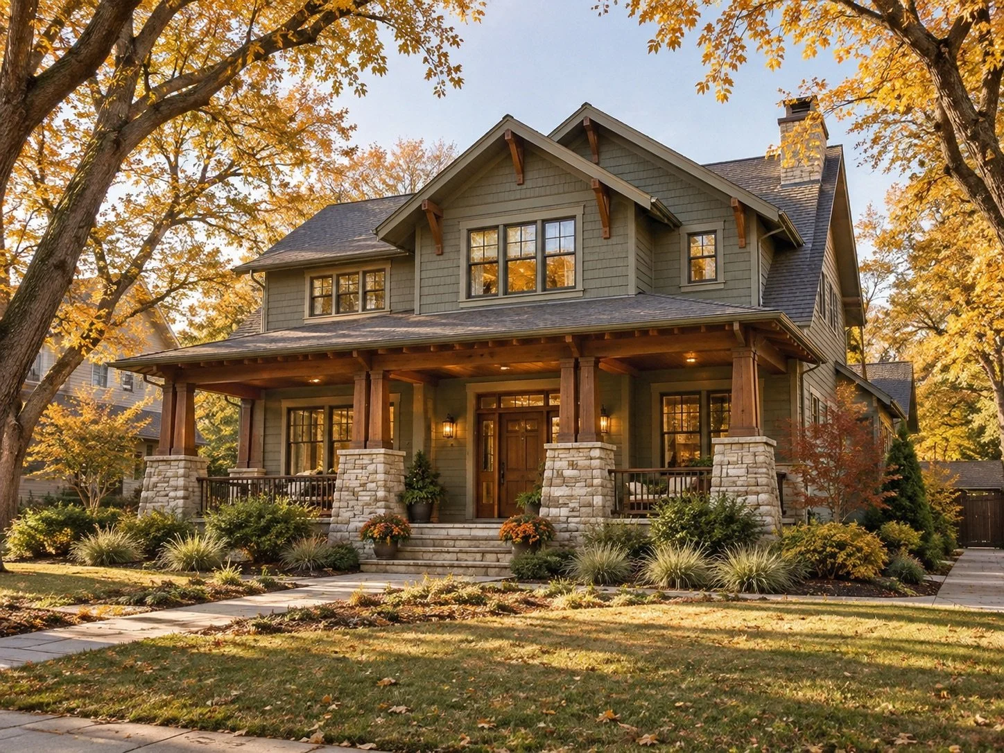 AI-generated Craftsman home with a broad timber porch and golden autumn trees