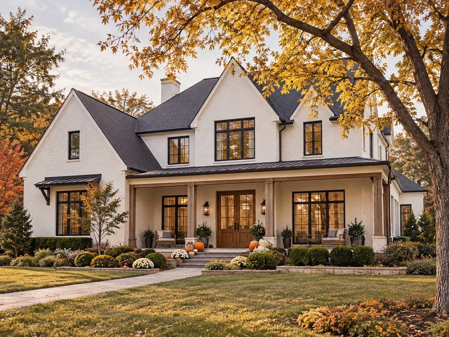 AI-generated white farmhouse with a welcoming porch and golden autumn trees