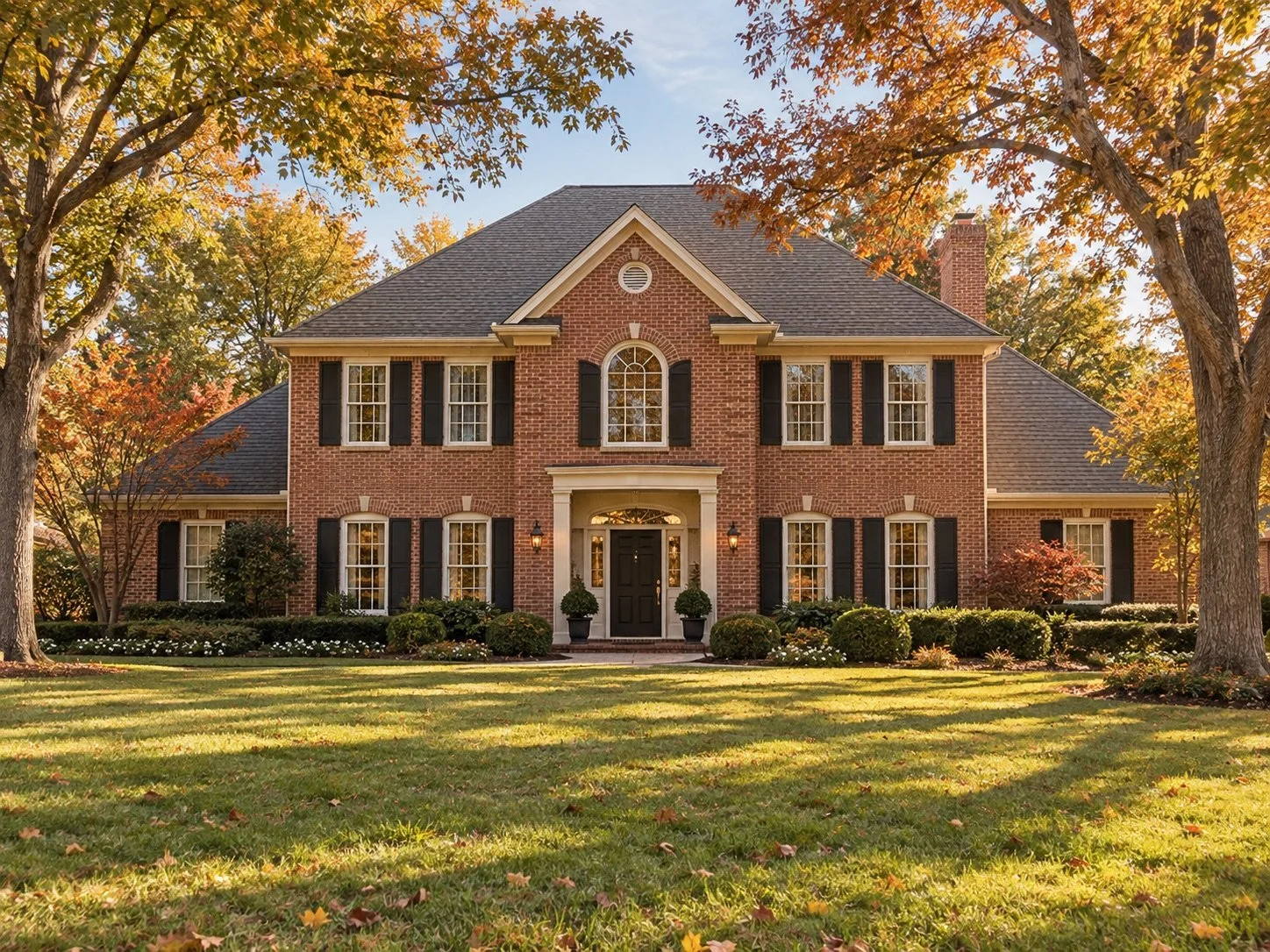 AI-generated red-brick home framed by golden leaves in warm fall light
