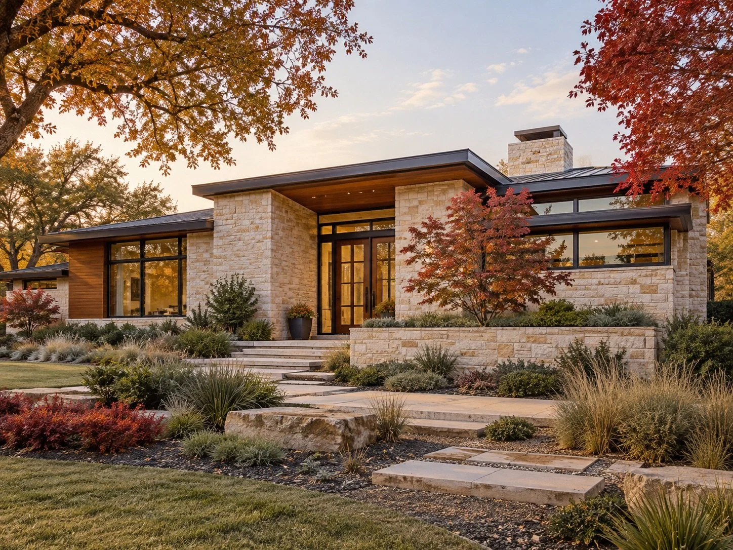AI-generated contemporary stone and cedar home surrounded by red and gold fall foliage