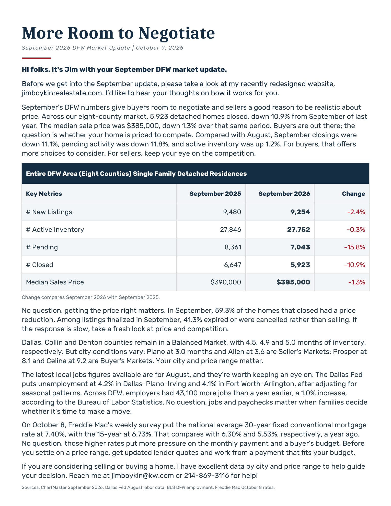 The opening page of Jim Boykin’s September 2026 DFW market report