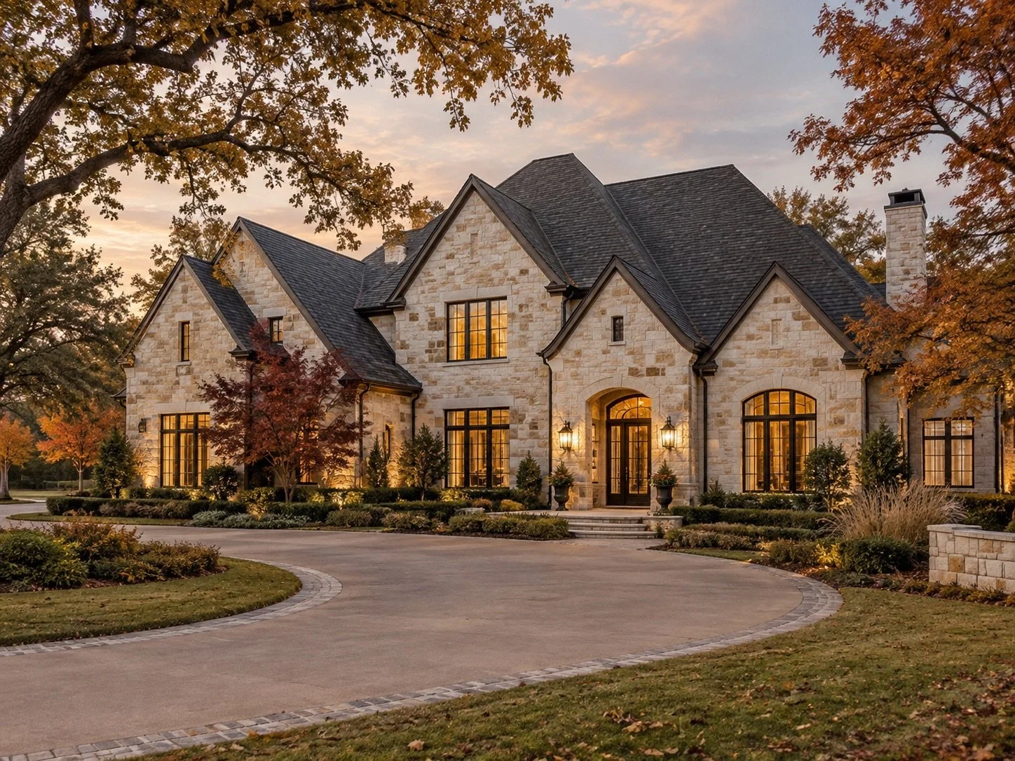 AI-generated limestone home with a circular drive, glowing windows, and copper autumn foliage