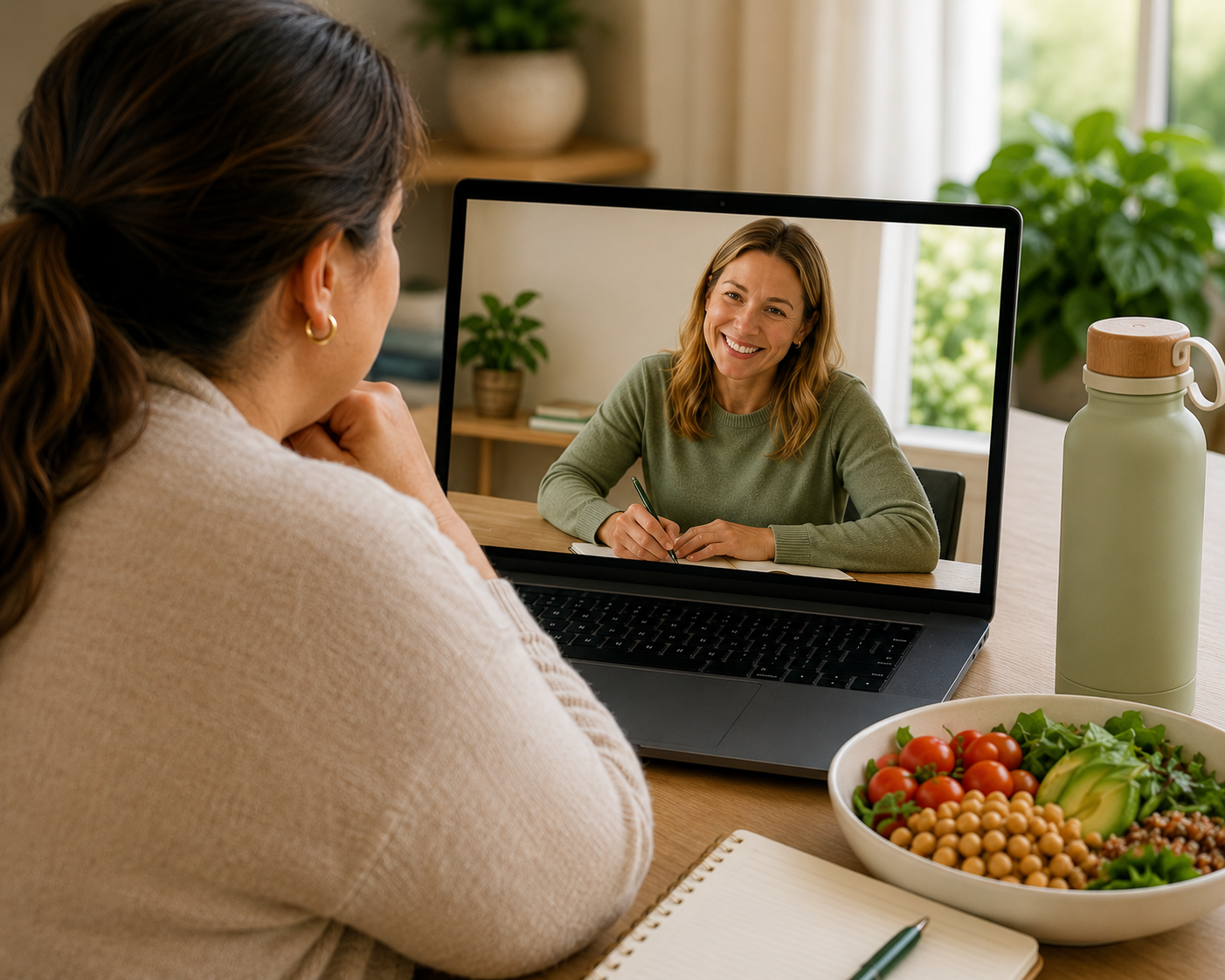 A member talking to her nutrition coach on a video call