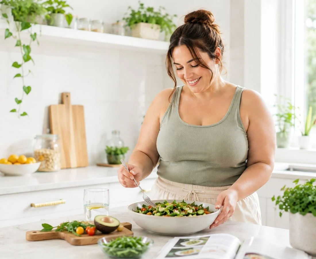 A woman preparing a fresh salad in her kitchen