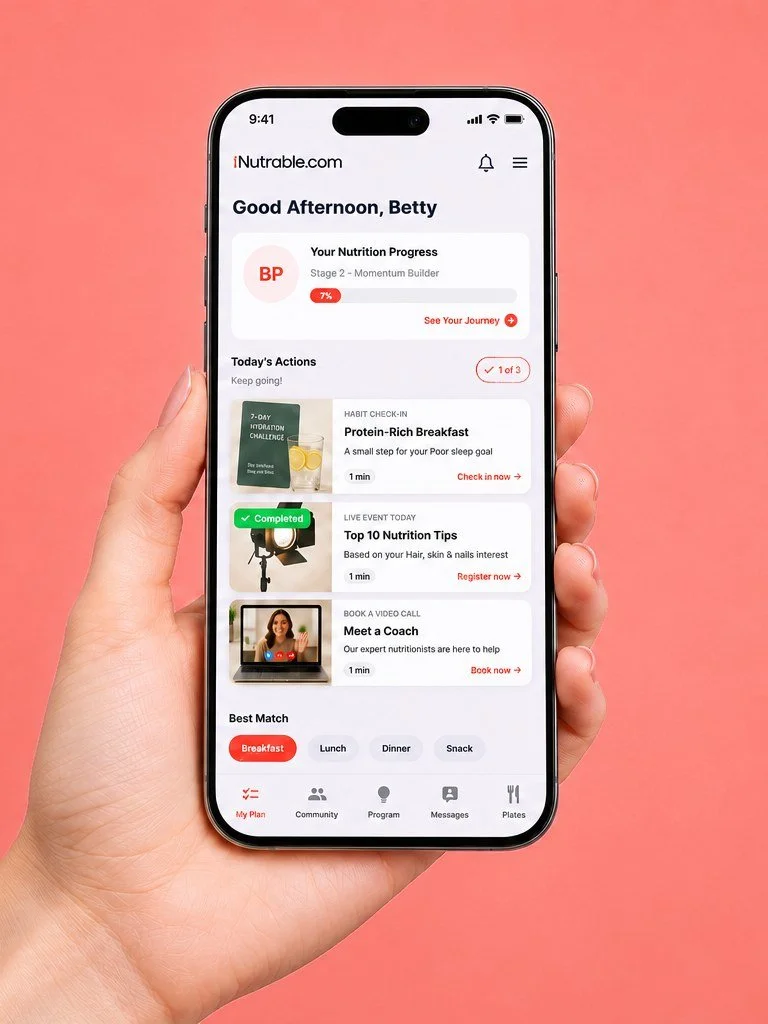 The Nutrable app showing a personalised daily nutrition plan